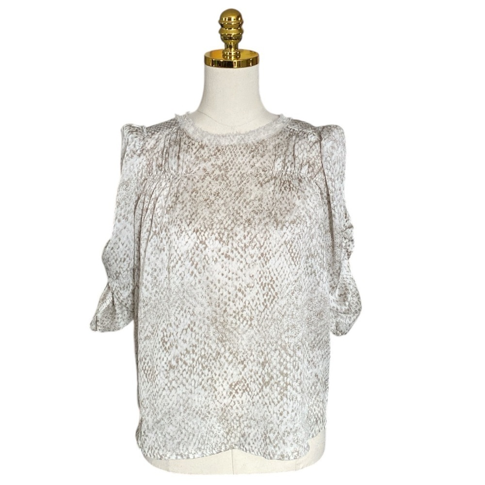 AVEC LES FILLES | Snakeskin-Print Ruched-Sleeve Puff Shoulder Top Size M